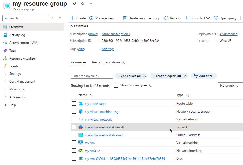 Azure Portal firewall details page.