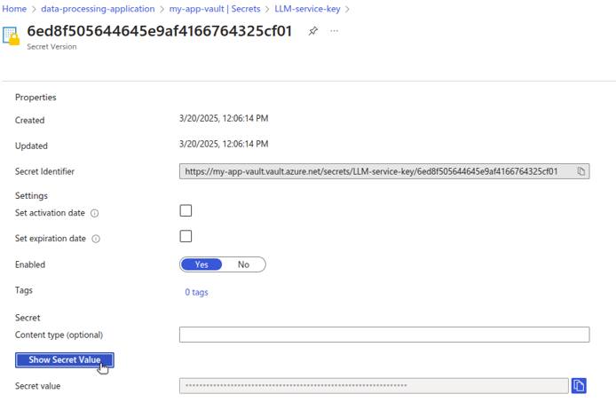 Azure Key Vault UI showing how to view the value of a selected secret.