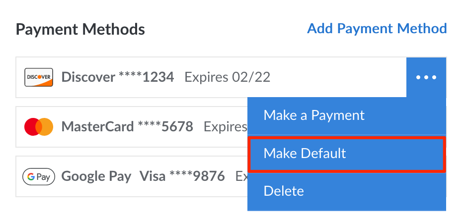 The Make Default button within a payment method’s dropdown menu